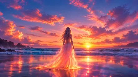 Blonde Woman in Flowing Gown at Sunset Beach - free fantasy wallpaper 7680×4322