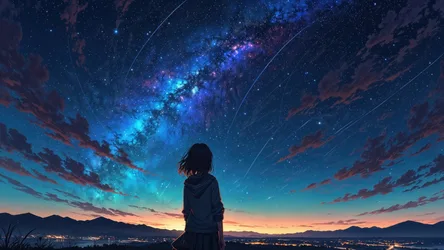 Anime Girl Gazing at Cosmic Galaxy and Meteor Shower - free anime wallpaper 3840×2160