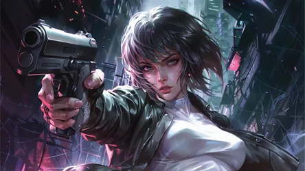 Ghost Shell Motoko Kusanagi Cyberpunk Operative with Handgun in Neon City - free anime wallpaper 3840×2160
