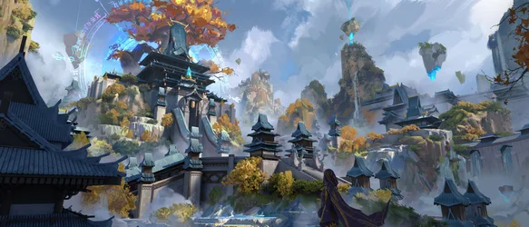 Mystical Asian Realm Among Floating Mountains - free wallpaper 2520×1080