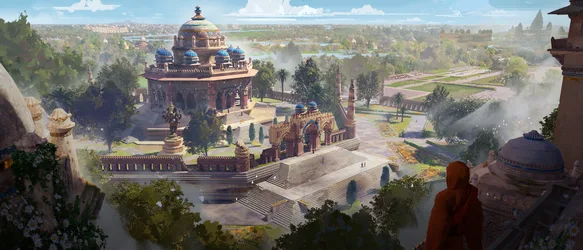 Ancient Palace Garden in a Fantasy Kingdom - free wallpaper 4200×1800