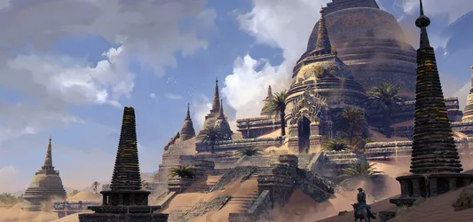 Ancient Desert Ruins with Temples and Horseman - free architecture wallpaper 3840×1800