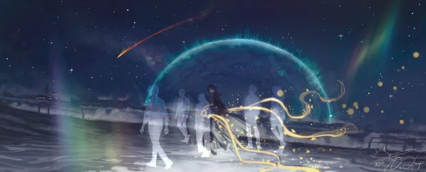 Anime Boys Under Starlit Sky With Glowing Aura - free anime wallpaper 4960×2000