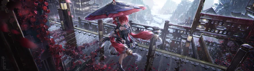 Suoming of Wuthering Waves in Rain with Umbrella - free anime wallpaper 6451×1814