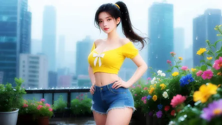 Girl in Yellow Crop Top on Rainy City Rooftop Garden - free people & portraits wallpaper 3840×2160