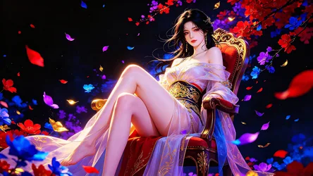 Girl Wallhere: Elegant Woman on Ornate Throne with Neon Flowers - free fantasy wallpaper 7680×4322