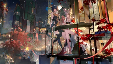 Rover and Hsin in Wuthering Waves Autumn Cityscape - free anime wallpaper 10240×5760