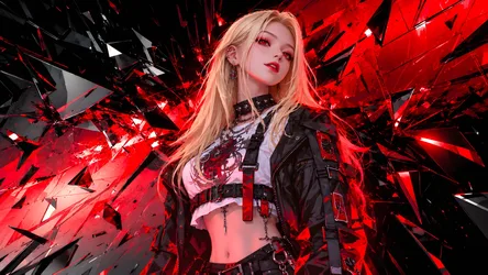 Girl AI Art Blonde AI Generated with Red Geometric Shatter Effect - free wallpaper 8360×4705