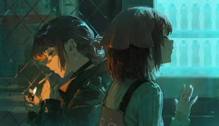 Two Figures in Neon Shadows - free anime wallpaper 4096×2350
