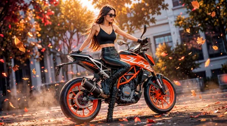 Girl Bike Autumn AI Art: Woman on Red Motorcycle in Fall Street - free people & portraits wallpaper 7680×4287