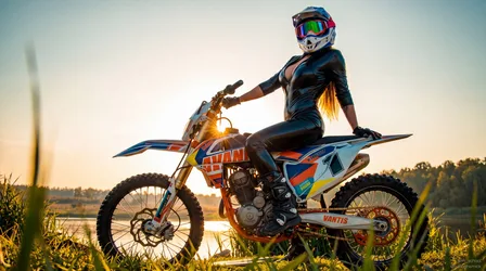 Girl Bike Enduro AI Art: Rider Posing by Lake at Sunset - free wallpaper 7680×4287