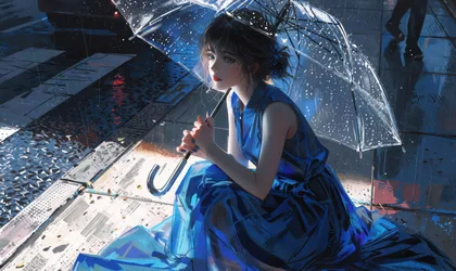 Girl in Blue Dress with Clear Umbrella in Rainy Urban Setting - free anime wallpaper 3840×2288
