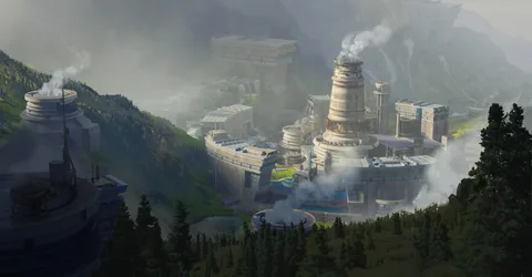 Industrial Valley Among the Mountains - free fantasy wallpaper 3840×2000