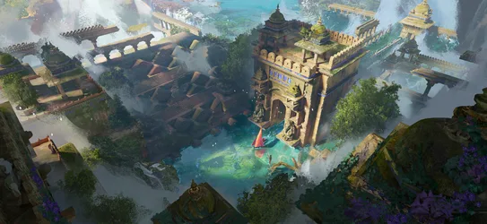 Lost City Floating Palace Among Misty Waters - free fantasy wallpaper 3840×1766