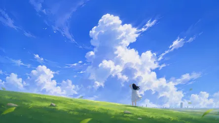 Girl in White Dress Standing in Windy Meadow Under Blue Sky - free anime wallpaper 5120×2880