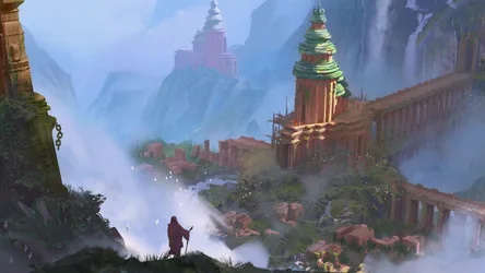 Lost Temple in the Misty Mountains - free fantasy wallpaper 1920×1080