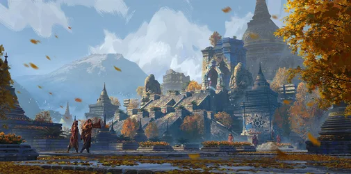 Ancient Temple Complex in Autumn Mountains - free fantasy wallpaper 3840×1900