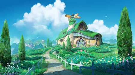 Whimsical Steampunk Cottage in a Flourishing Garden Valley - free fantasy wallpaper 4500×2500