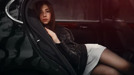 Vikki Devushka in Black Jacket Posing by Car Door - free people & portraits wallpaper 3840×2160
