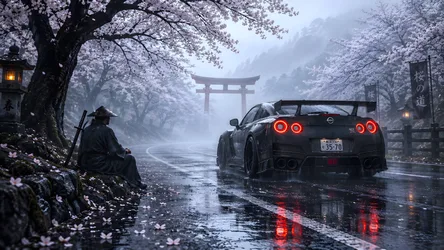 Nissan GT-R at Japanese Temple in Cherry Blossom Rain - free cars & vehicles wallpaper 8360×4705