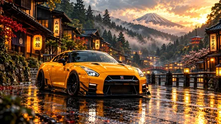Nissan GT-R in Japanese Mountain Village at Sunset - free cars & vehicles wallpaper 8360×4705