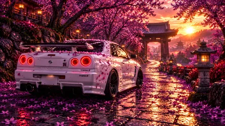 Nissan Skyline GTR in Magenta Cherry Blossom Garden at Sunset - free cars & vehicles wallpaper 8360×4705