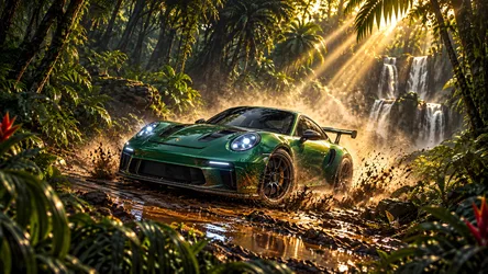 Porsche in Mud Forest with Waterfall and Golden Light - free cars & vehicles wallpaper 8360×4705