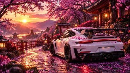 Porsche GT3 RS on Cherry Blossom Road at Sunset - free cars & vehicles wallpaper 8360×4705