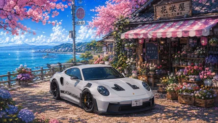 Porsche GT3 RS by Seaside Flower Shop with Mount Fuji View - free cars & vehicles wallpaper 8360×4705