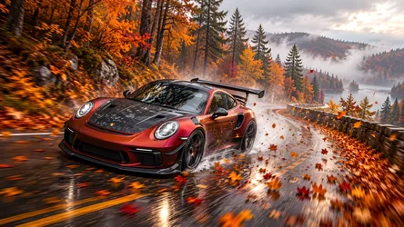 Porsche GT2 RS Racing Through Autumn Forest in Rain - free cars & vehicles wallpaper 8360×4705
