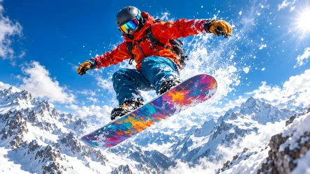 Snowboarder Jump: Red Jacket and Colorful Board in Mountain Air - free people & portraits wallpaper 8360×4705