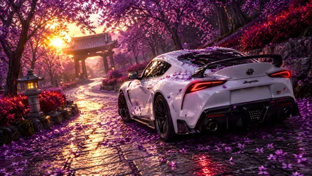 Toyota Supra in Purple Blossom Garden at Sunset - free cars & vehicles wallpaper 8360×4705