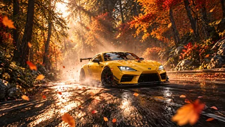 Toyota Supra Yellow Sports Car on Autumn Forest Road - free cars & vehicles wallpaper 8360×4705
