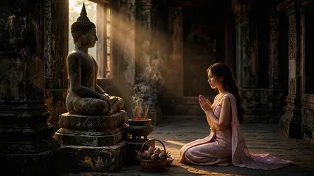 Woman Praying Before Buddha Statue in Ancient Temple - free people & portraits wallpaper 2048×1152
