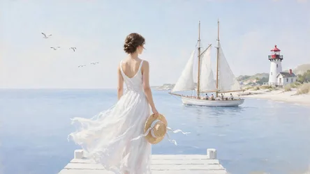 Woman In White Dress On Pier Watching Sailboat - free people & portraits wallpaper 2048×1152