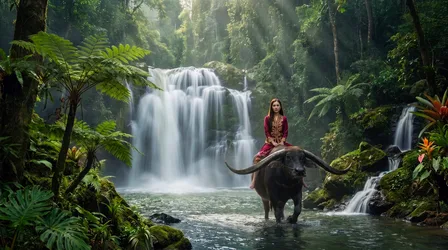 Woman in Red Riding Water Buffalo by Tropical Waterfall - free people & portraits wallpaper 2752×1536