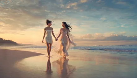 Two Women in White Dresses Walking on Beach at Sunset - free people & portraits wallpaper 2048×1157