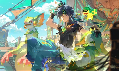 Kinich of Genshin Impact with Elemental Creatures in Sunlight - free wallpaper 4096×2457