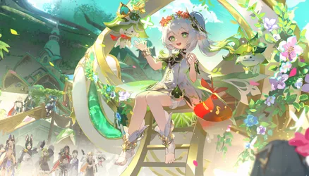 Nahida and Genshin Impact Characters in a Flourishing Garden - free anime wallpaper 4096×2335