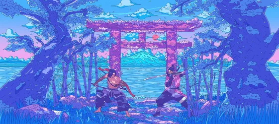 Samurai Duel at the Mountain Gate - free art & design wallpaper 3500×1558