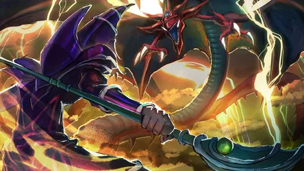Dark Magician and Osiris the Sky Dragon in Epic Battle - free gaming wallpaper 1920×1080