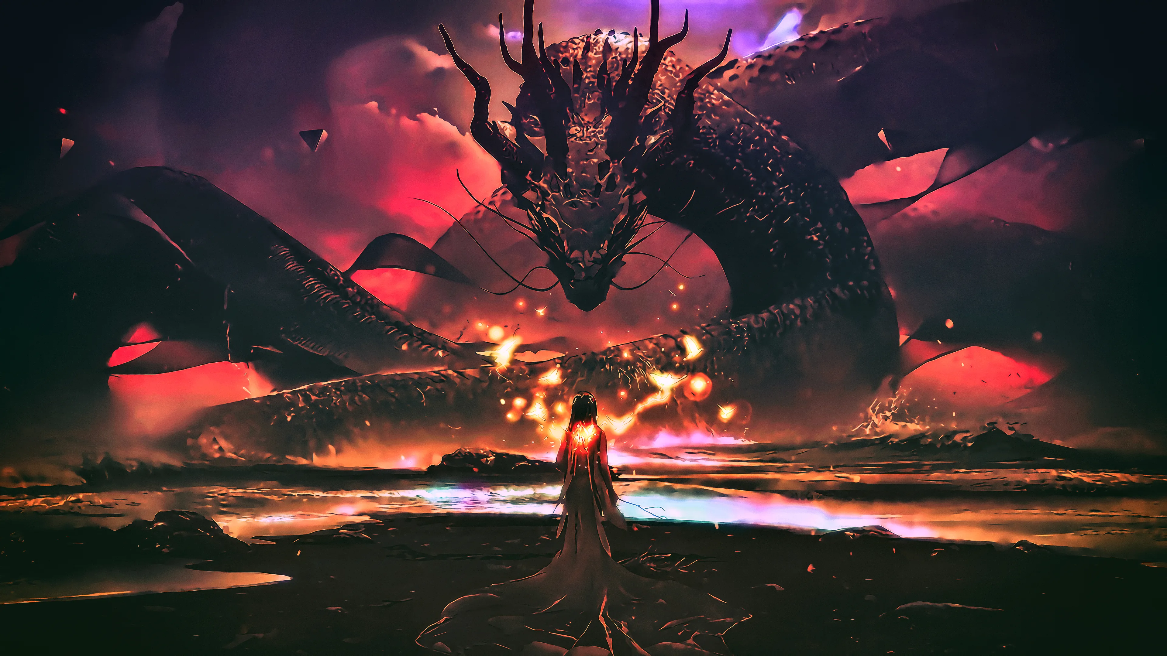 Infernal Dragon Rising From The Burning Waters