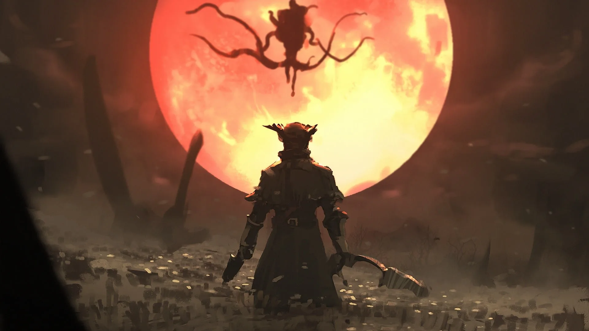 Bloodborne's Orange Glow: Spooky Anime Art