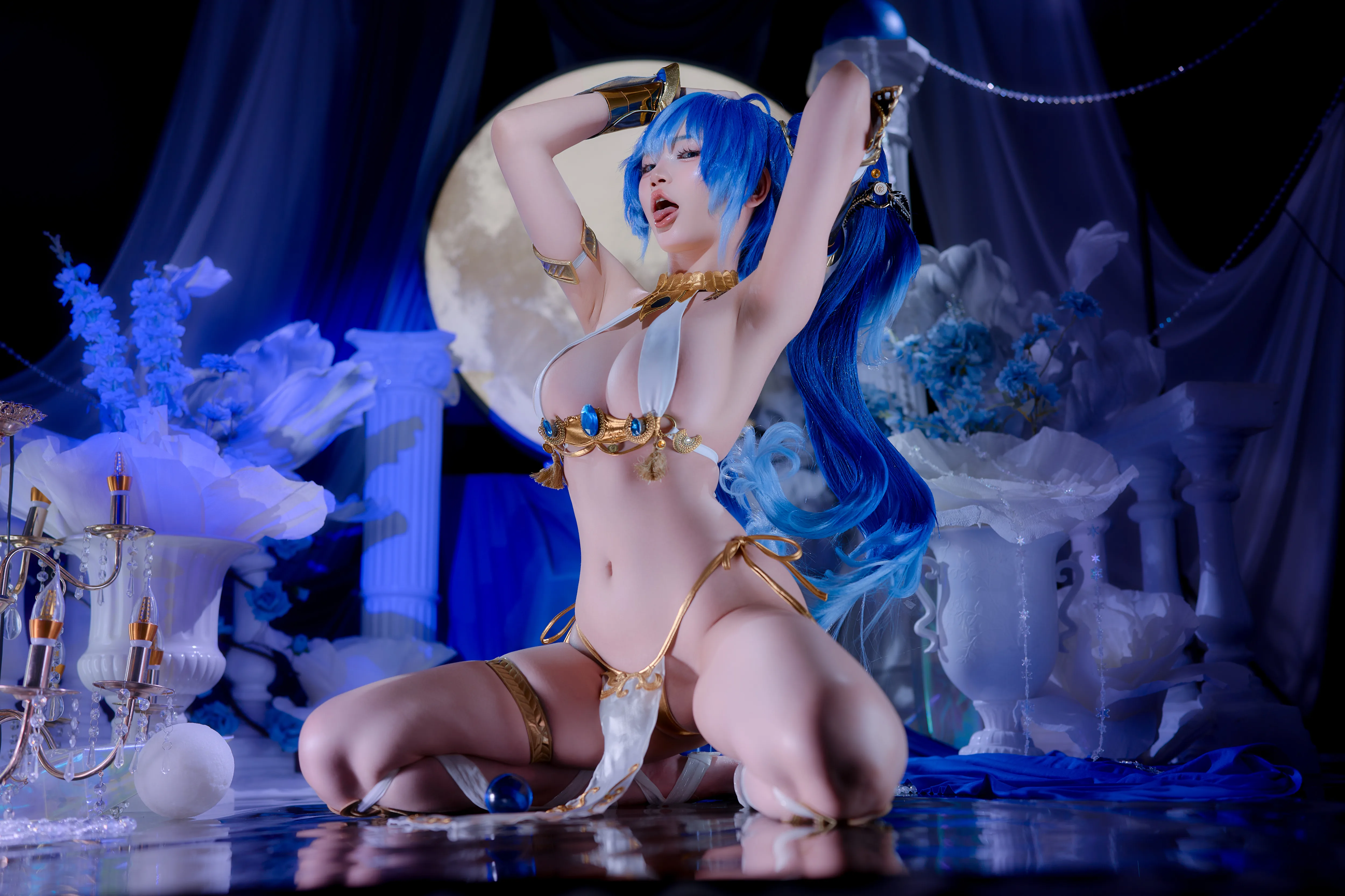 Blue-Haired Figure in Gold Accessories Against Moonlit Backdrop - free people & portraits wallpaper 5000×3333