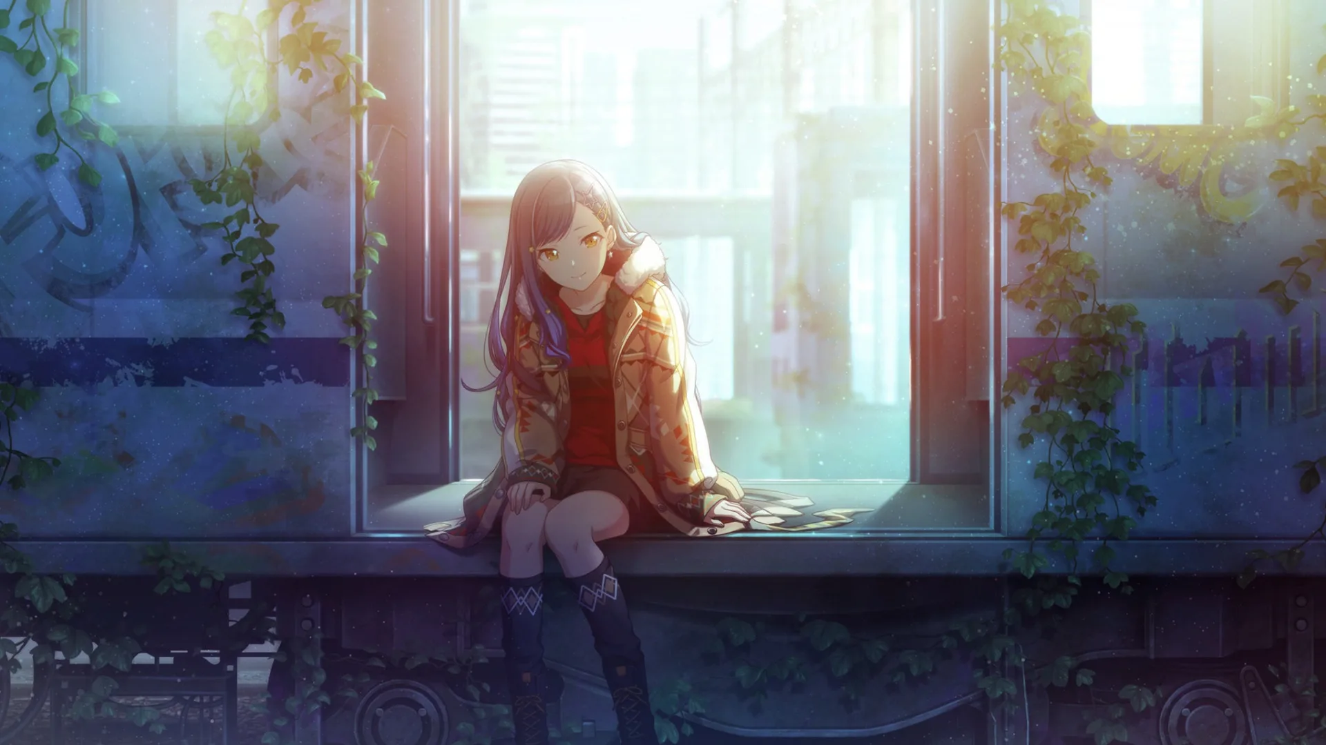 Anime Girl Sitting on Windowsill at Sunset - free anime wallpaper 1920×1080